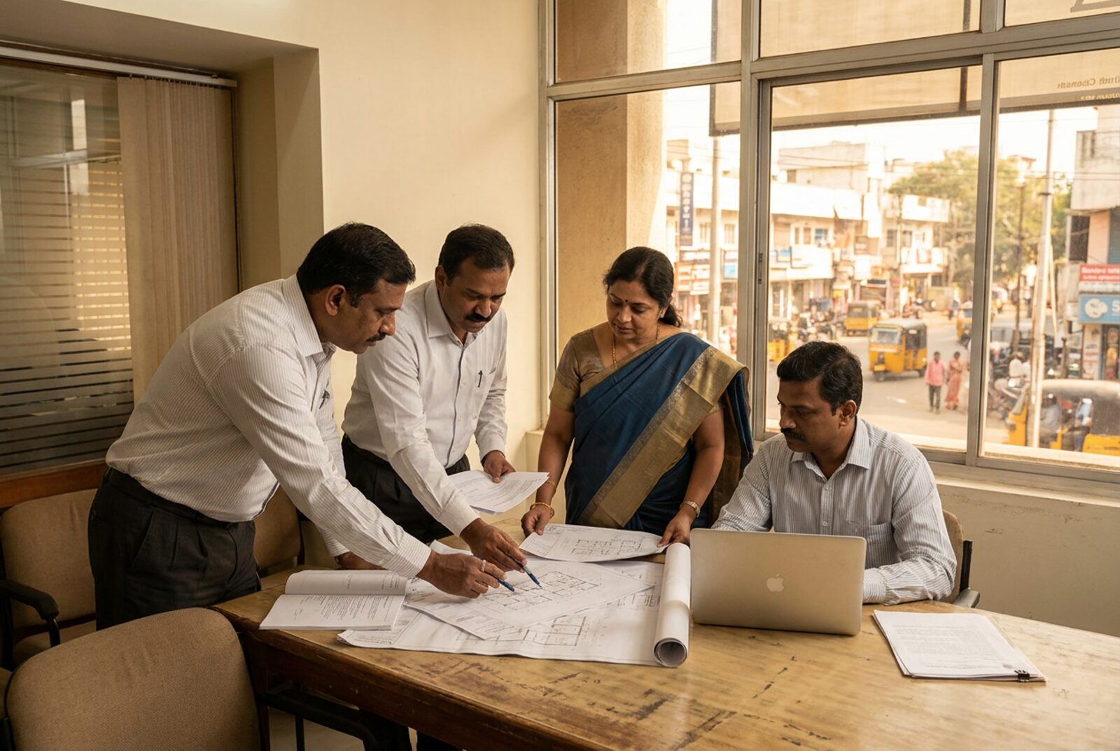 Planning-table scene with Indian professionals reviewing an approval roadmap